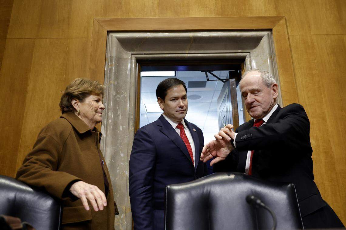 U.S. Sen. Jim Risch, R-Idaho, right, talks with now-Secretary of State Marco Rubio, center, and Sen. Jeanne Shaheen, D-New Hampshire, left, at Rubio’s confirmation hearing in January 2025. Risch, chairman of the Senate Foreign Relations Committee, has not publicly stated his position on President Donald’s Trump’s desire to own Greenland.