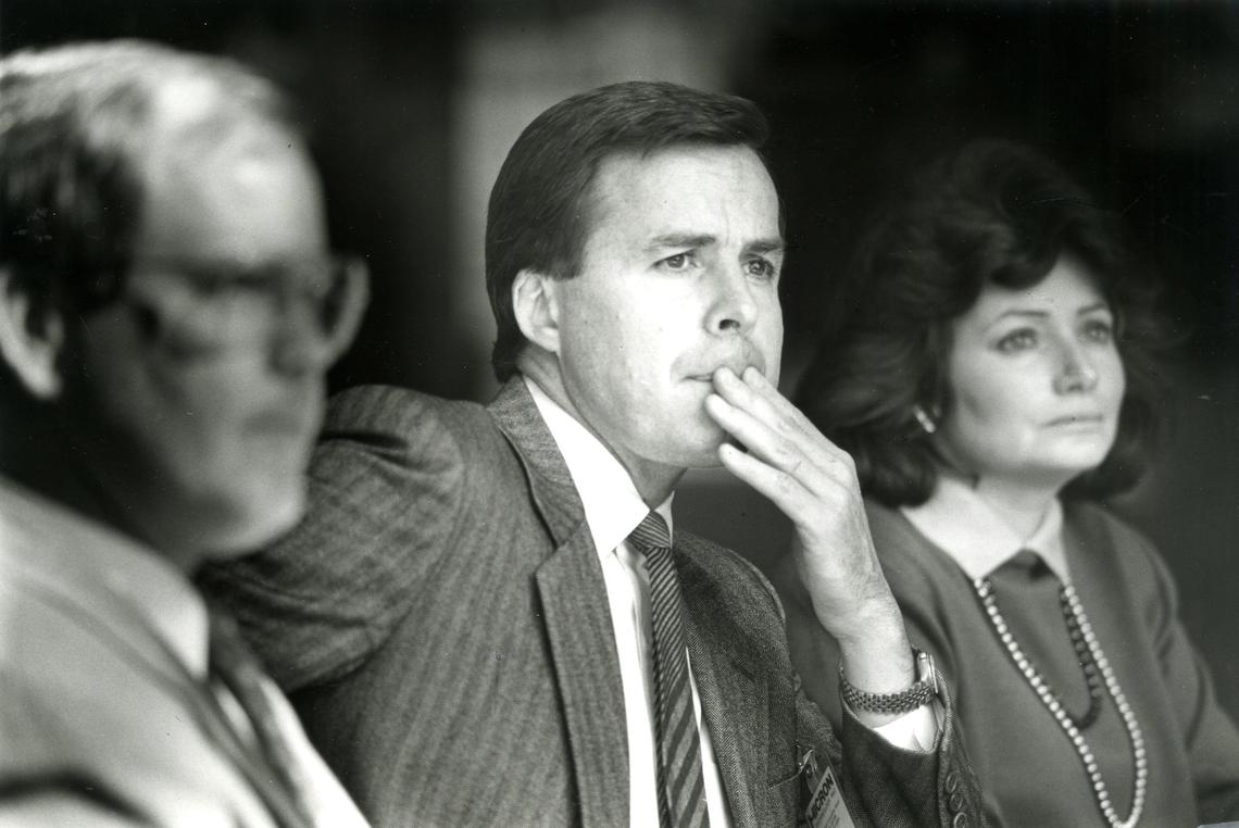 Micon Technologies press conference, Oct. 2, 1987. From left: Jim Garrett, vice president of sales and marketing; Joe Parkinson, chairman and CEO; Leslie Gill, vice president of finance.