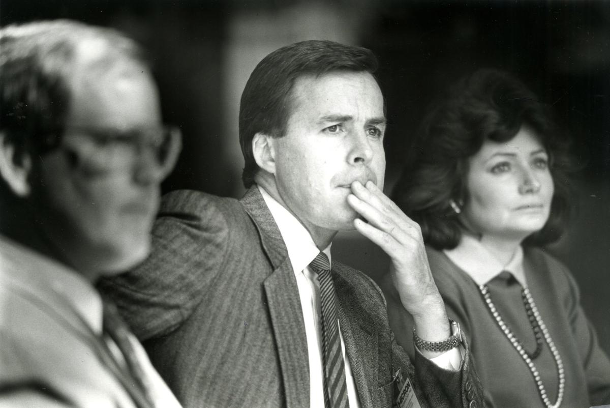 Micon Technologies press conference, Oct. 2, 1987. From left: Jim Garrett, vice president of sales and marketing; Joe Parkinson, chairman and CEO; Leslie Gill, vice president of finance.