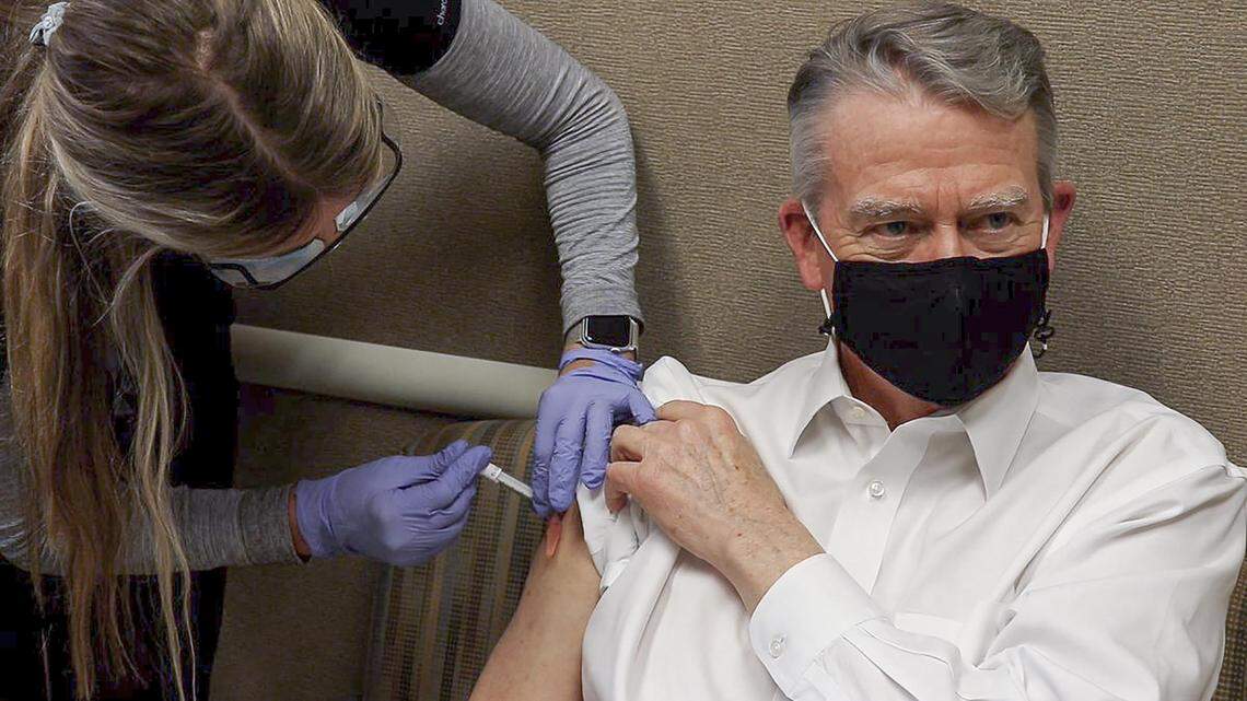 Idaho Gov. Brad Little receives a dose of COVID-19 vaccine in January 2021. “I’ve received the first dose of the safe and effective COVID-19 vaccine! I am feeling great and back in the office, hard at work for the people of Idaho,” Little said in a tweet.