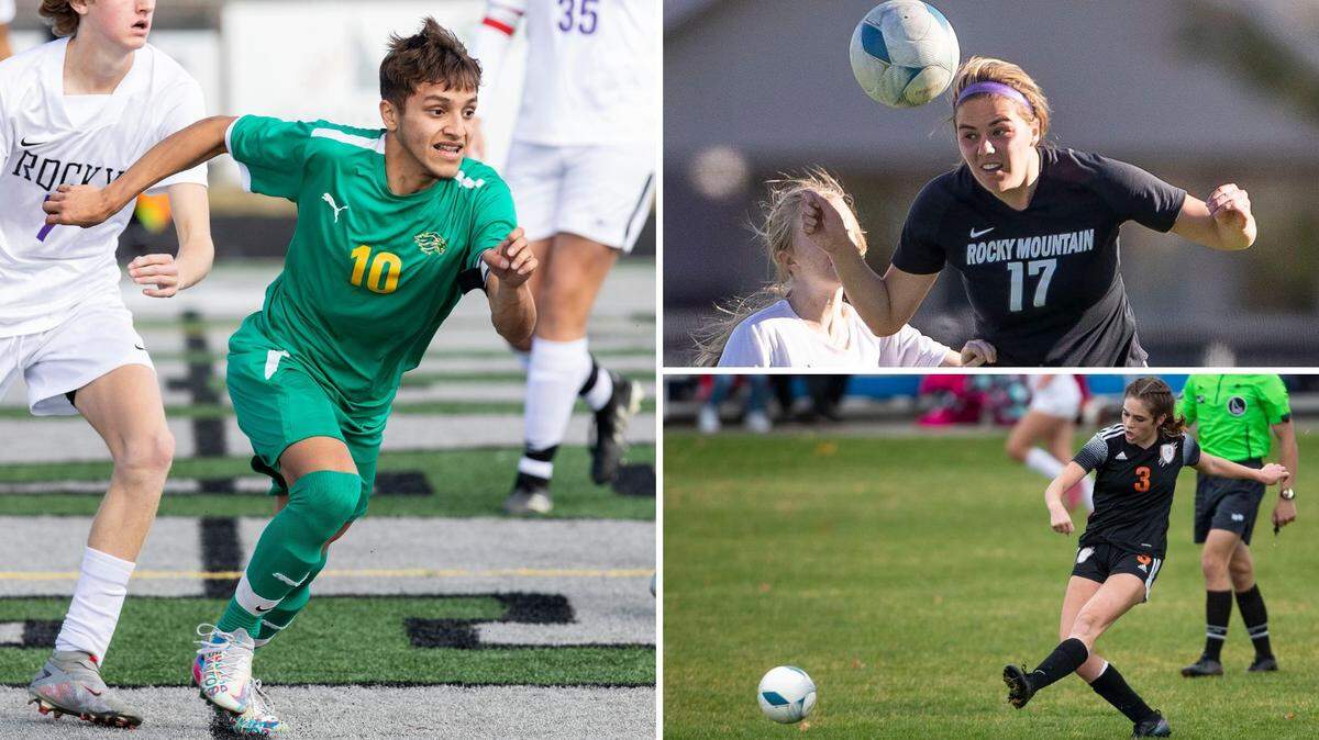 Clockwise from top left, Borah’s Carlos Camacho, Rocky Mountain’s Violet Rademacher and Fruitland’s Abbi Roubidoux were voted the state soccer players of the year in their classifications by the state’s coaches.