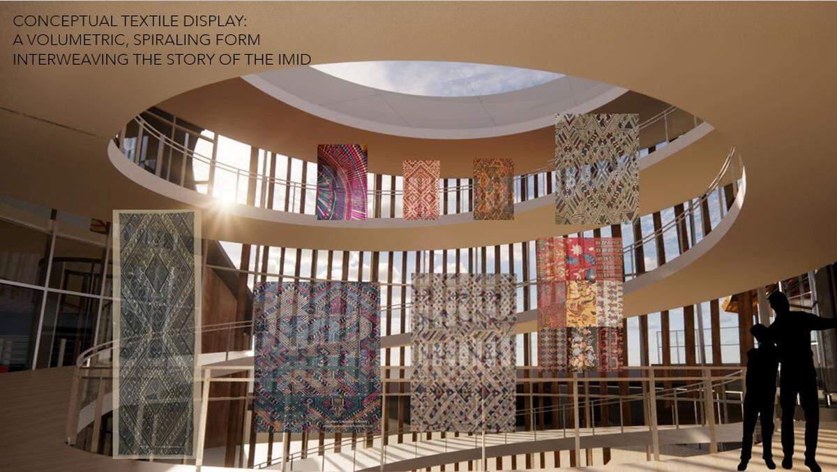 A concept drawing shows a spiraling walkway that could cut through the center of the Idaho Museum of International Diaspora. Designers invisioned the place could hold rotating art displays, such as a hanging textile display.