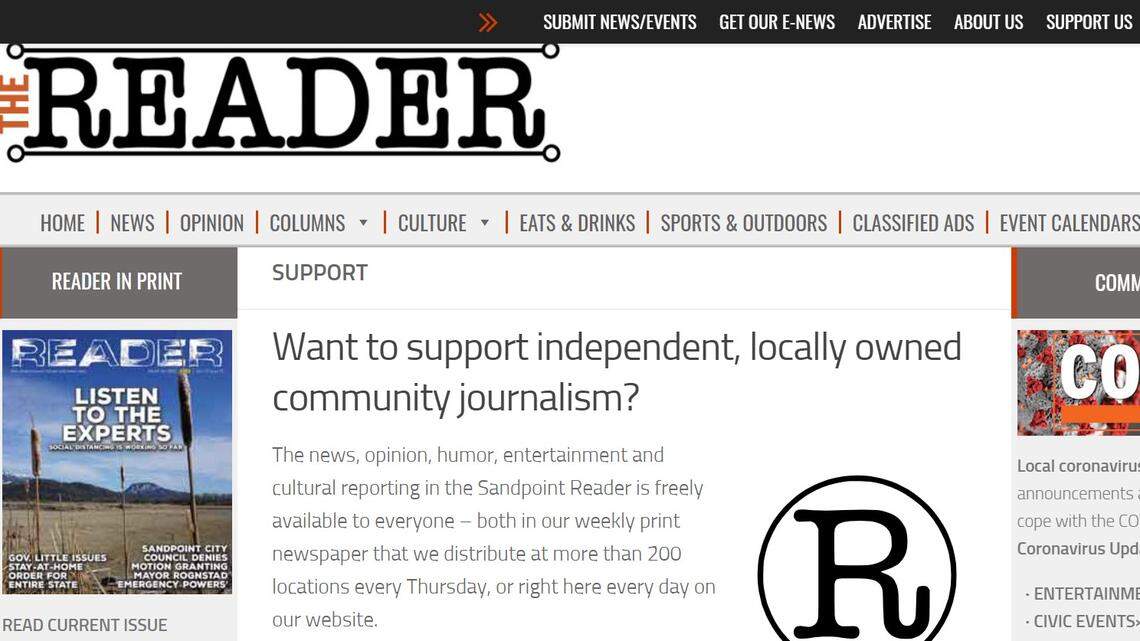 For those who want to support the Sandpoint Reader, the alt-weekly newspaper has a PayPal and a Patreon account to accept donations. Publisher Ben Olson said a hybrid model including reader financial support will be key to the future.