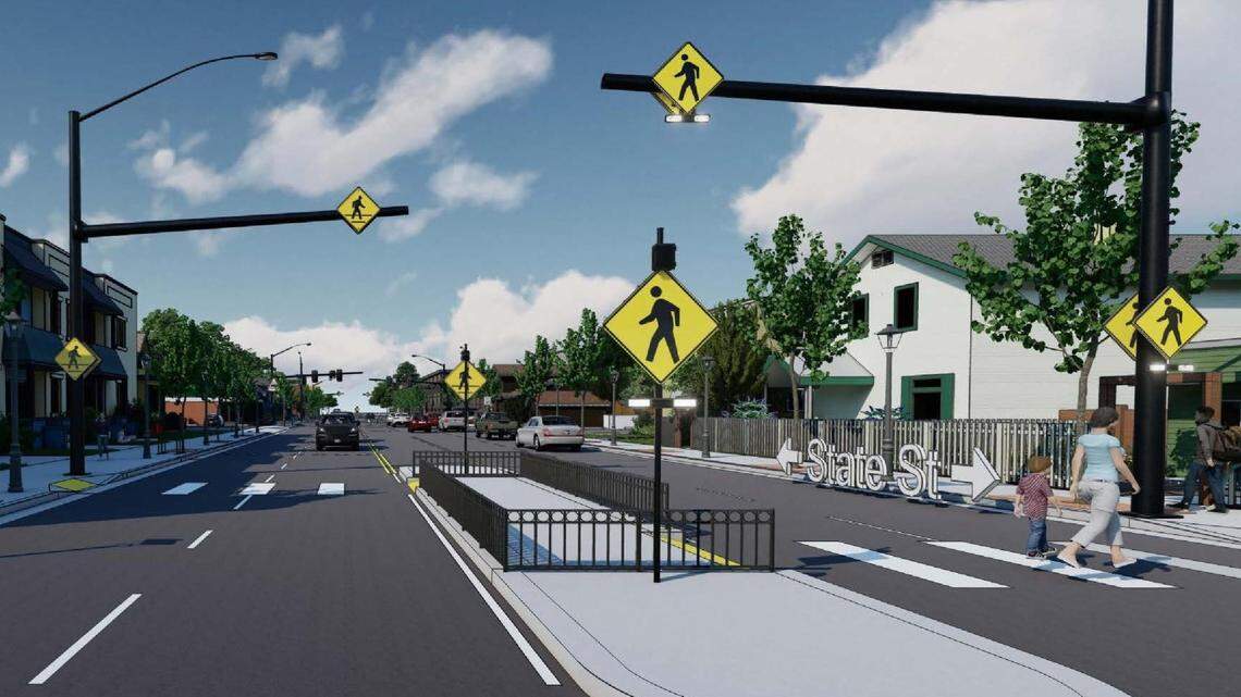 This rendering shows the design of a future pedestrian crossing on State Street at 14th Street. The “Z” style means pedestrians and bicyclists cross the street in two stages, one at a time.