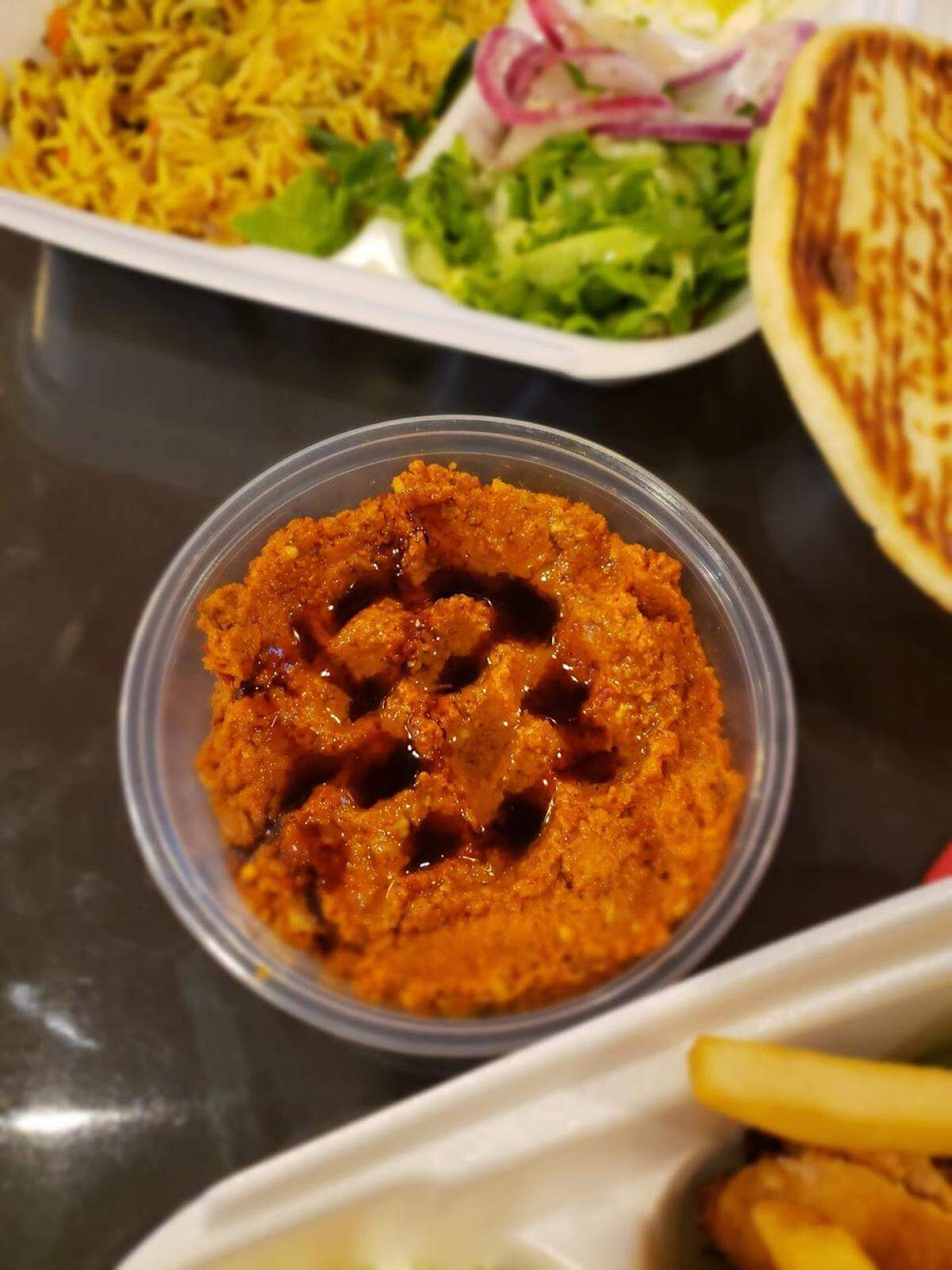 Muhammara is a great Syrian dip that is sweet, savory and spicy, in perfect combination at Tarbush.