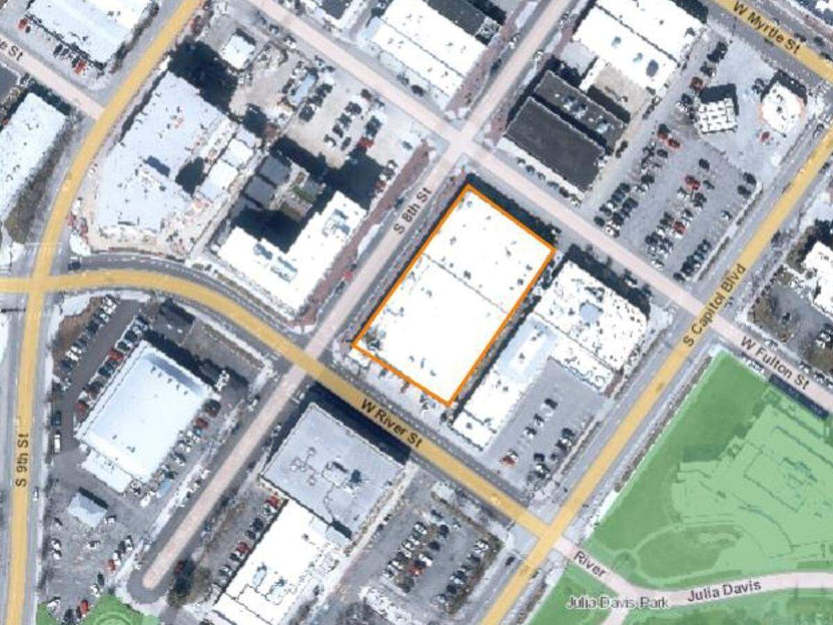 The site of the 12-story building proposed by Boise’s Wilcomb LLC and San Diego’s Global Senior Housing, just north of Boise’s main library. A 1946 warehouse that formerly housed the Foothills School of Arts and Sciences stands there now.