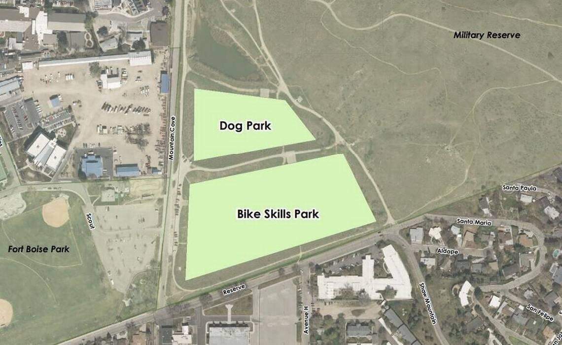 The proposed layout of a new bike park and dog park at Boise's Military Reserve.