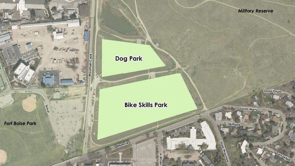 The proposed layout of a new bike park and dog park at Boise's Military Reserve.