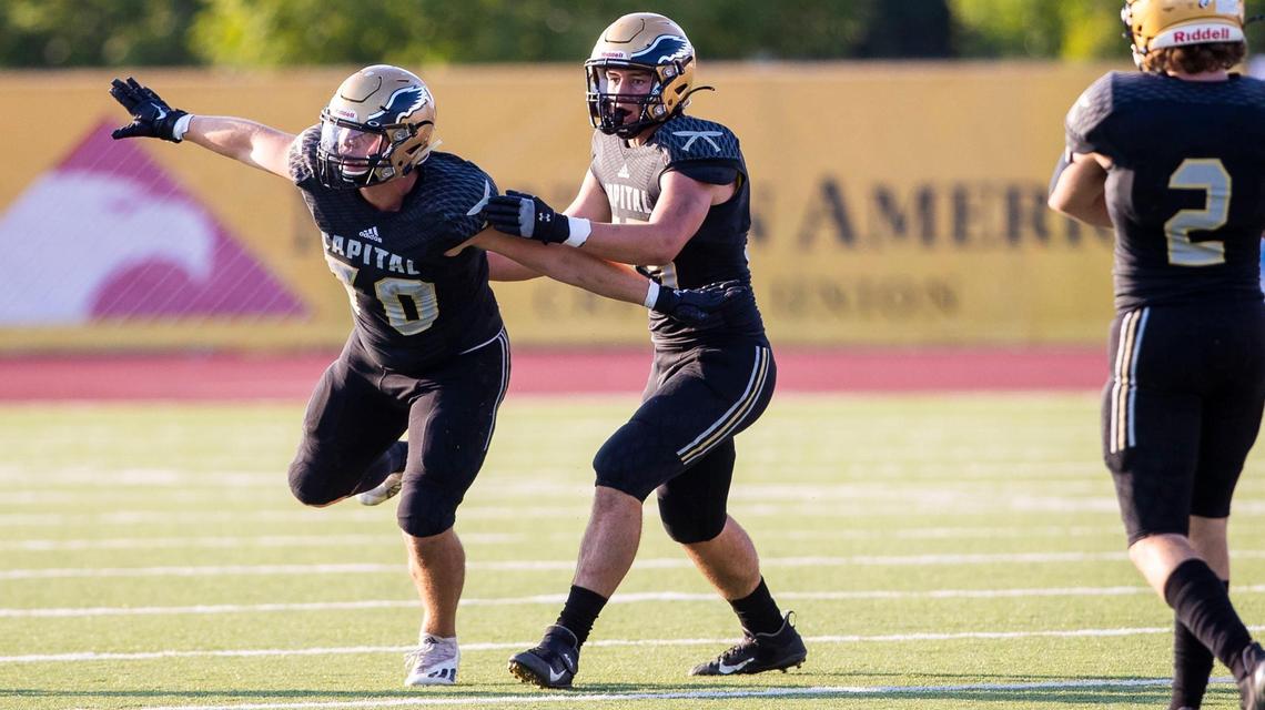 Capital defensive lineman Josh Summers celebrates one of his four sacks Thursday against Nampa at Dona Larsen Park Thursday in Boise.