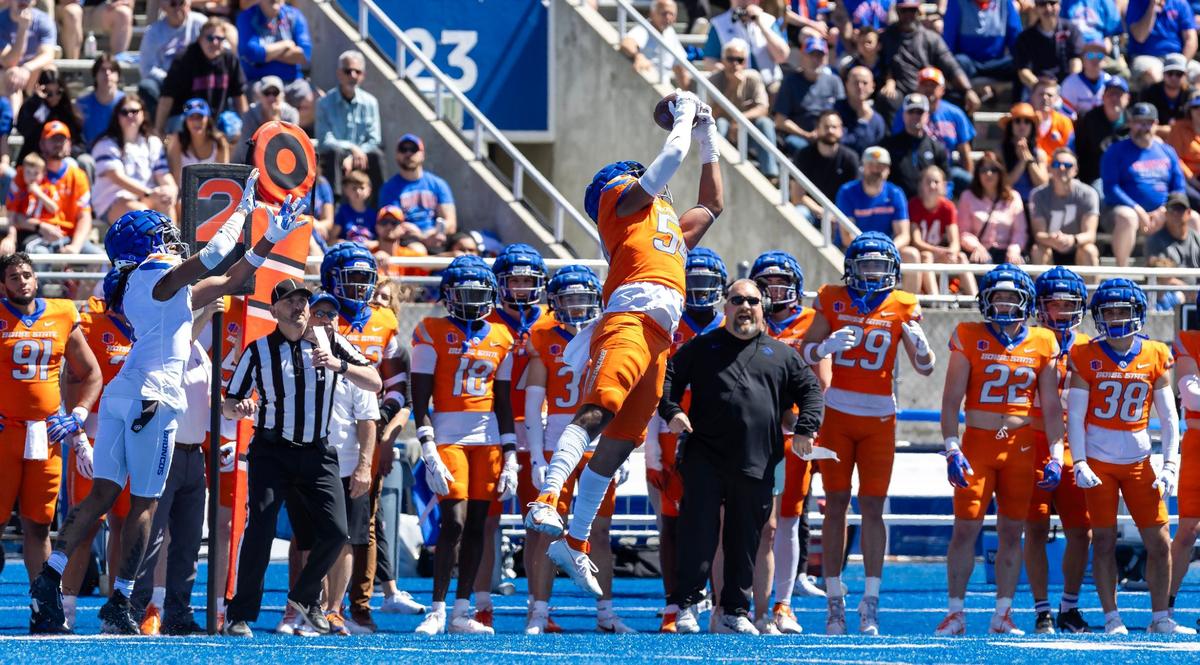Boise State University edge Gabe Hunter intercepts the ball during their spring football game, Saturday, April 20, 2024 at Albertsons Stadium.