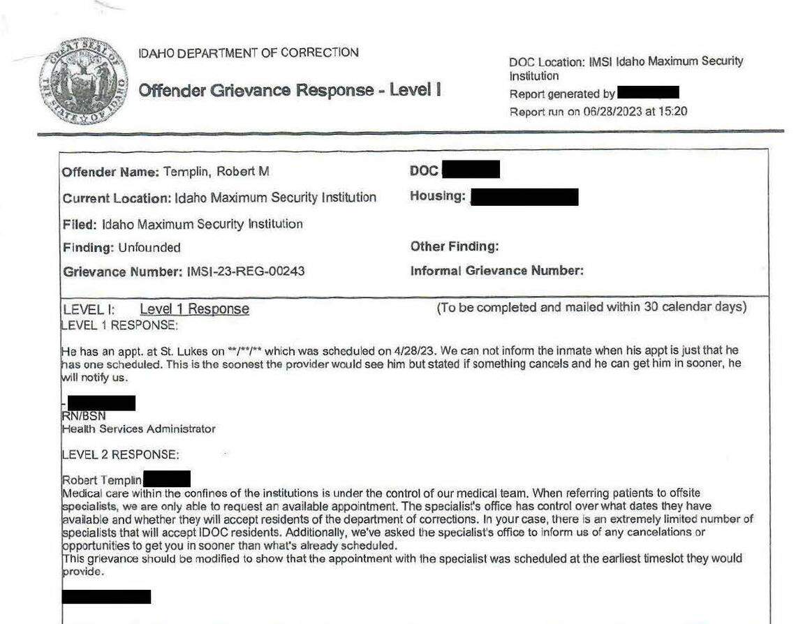 An Offender Grievance Response form that was sent to Bobby Templin in late June informing him he has an appointment to see an orthopedic surgeon.