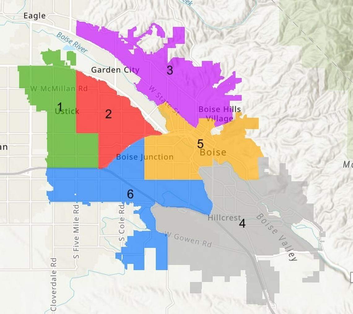 A map of the city of Boise’s six new electoral districts, which were used for the first time in the 2021 elections.