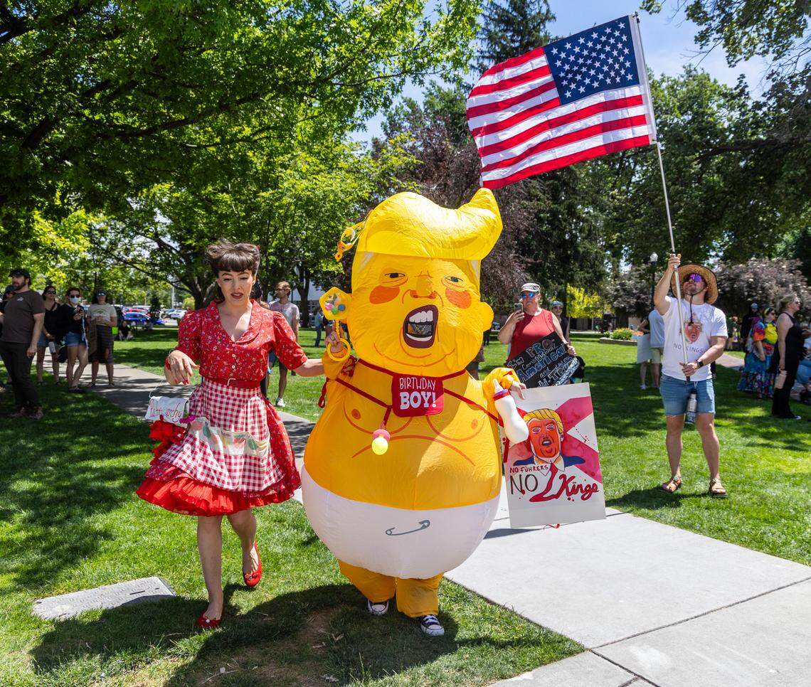 Thousands of protesters gathered outside of the Idaho Capitol Building in Boise Saturday, June 14, 2025 as part of the national “No Kings” protests against President Donald Trump and his administration.