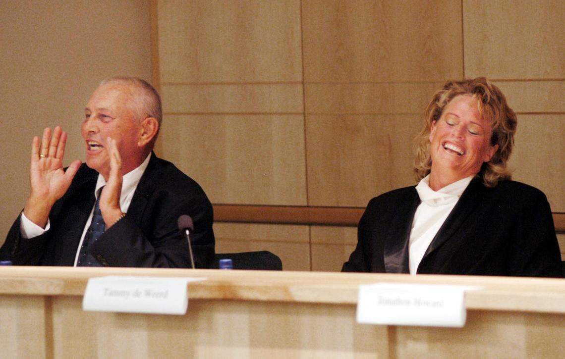 Meridian mayoral candidates Keith Bird and Tammy de Weerd at a candidates forum. Bird was chatty: He would “sit and talk your ear off,” de Weerd said.