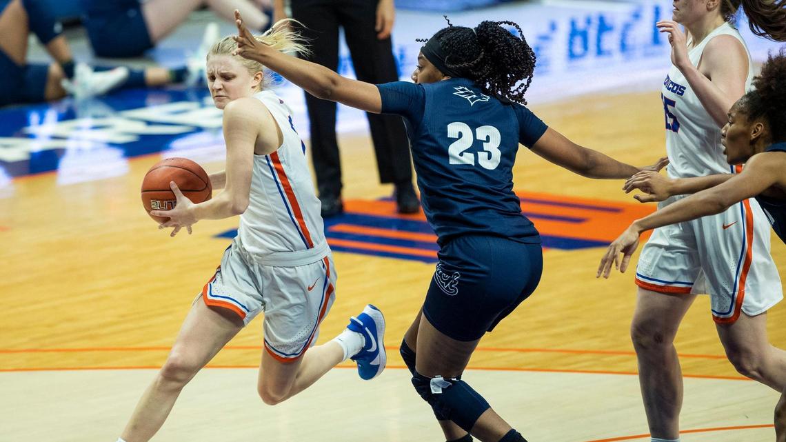 Boise State guard Mary Kay Naro, pictured playing against Nevada earlier this month, set a single-game program record with 16 assists in the Broncos’ 87-69 win at Utah State.