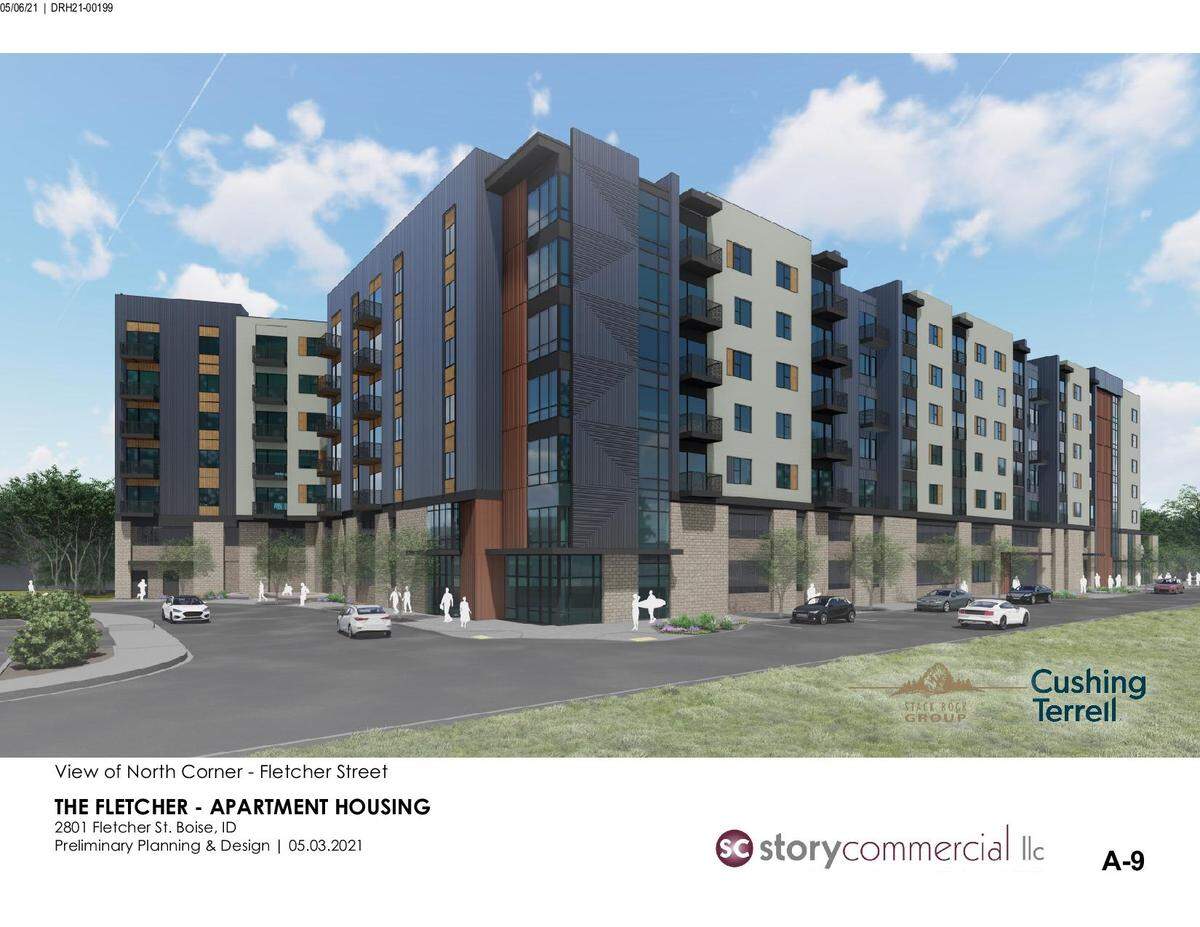 A rendering of The Fletcher apartments proposed at the site of the Symposion bar at 2801 W. Fletcher St. The seven-story building would have 169 apartments.