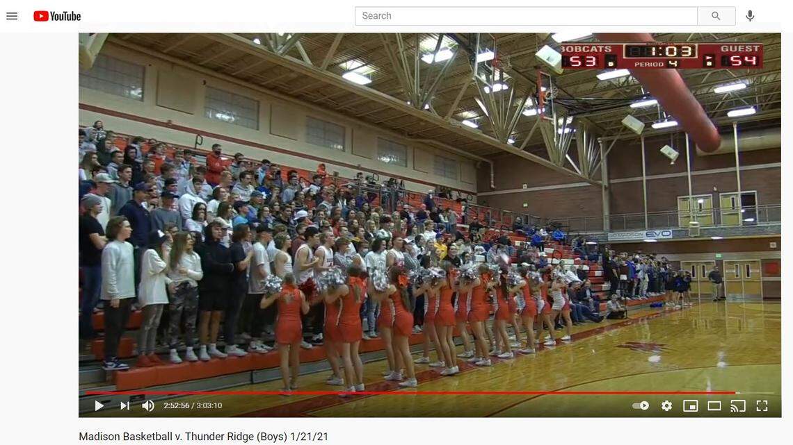 Madison High School students pack together into a student section Thursday night for a boys basketball game against Thunder Ridge in Rexburg.