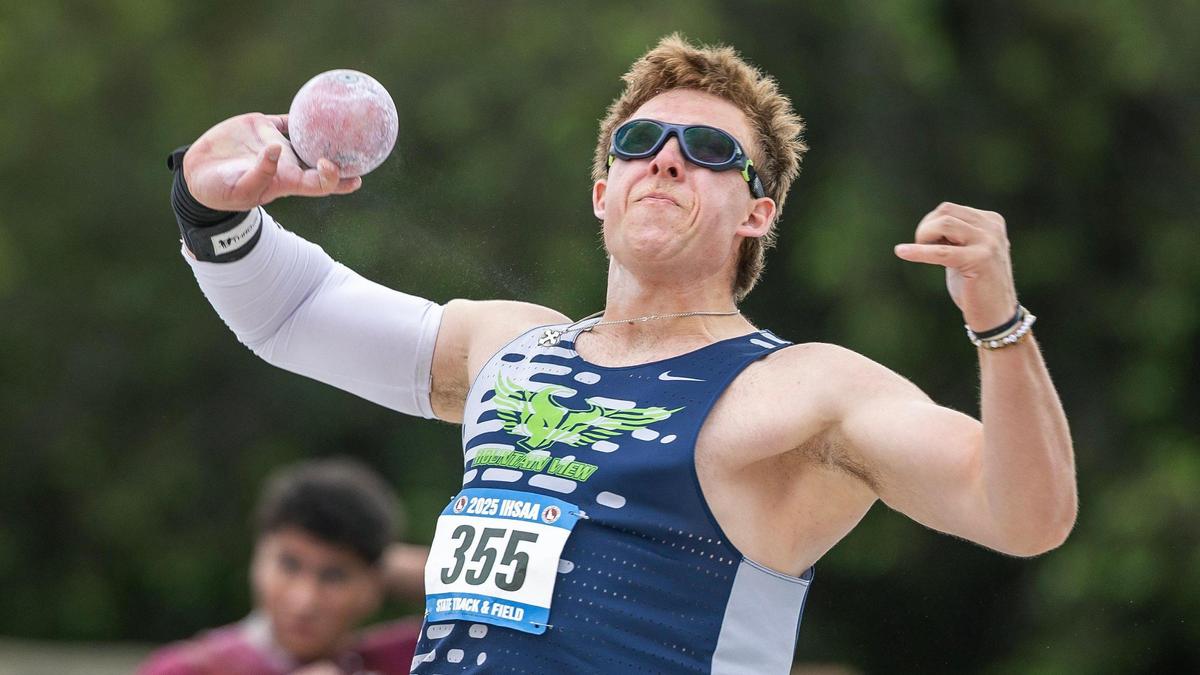 Mountain View’s Joseph Miraya takes first place in 6A boys shot put at the Idaho high school state track and field championships Friday at Mountain View High School.