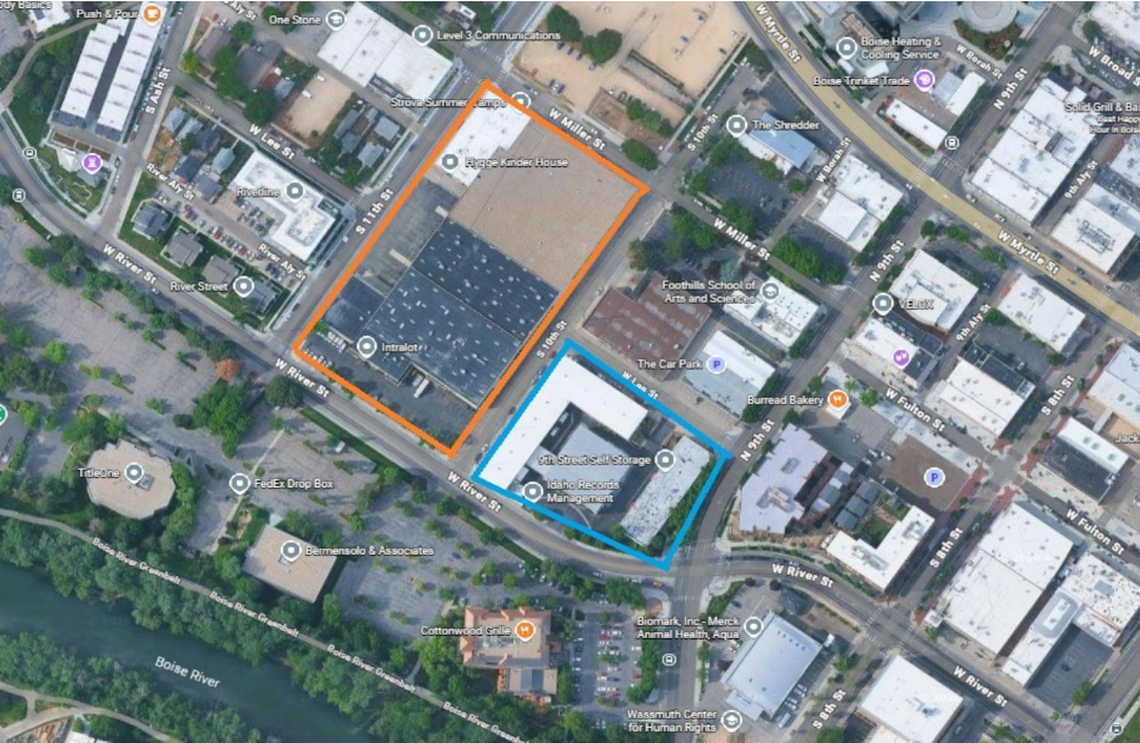 The Greater Boise Auditorium District has reached deals on two River Street lots in 2026: one along 11th Street, outlined in Orange, and another along 9th Street, outlined in blue.