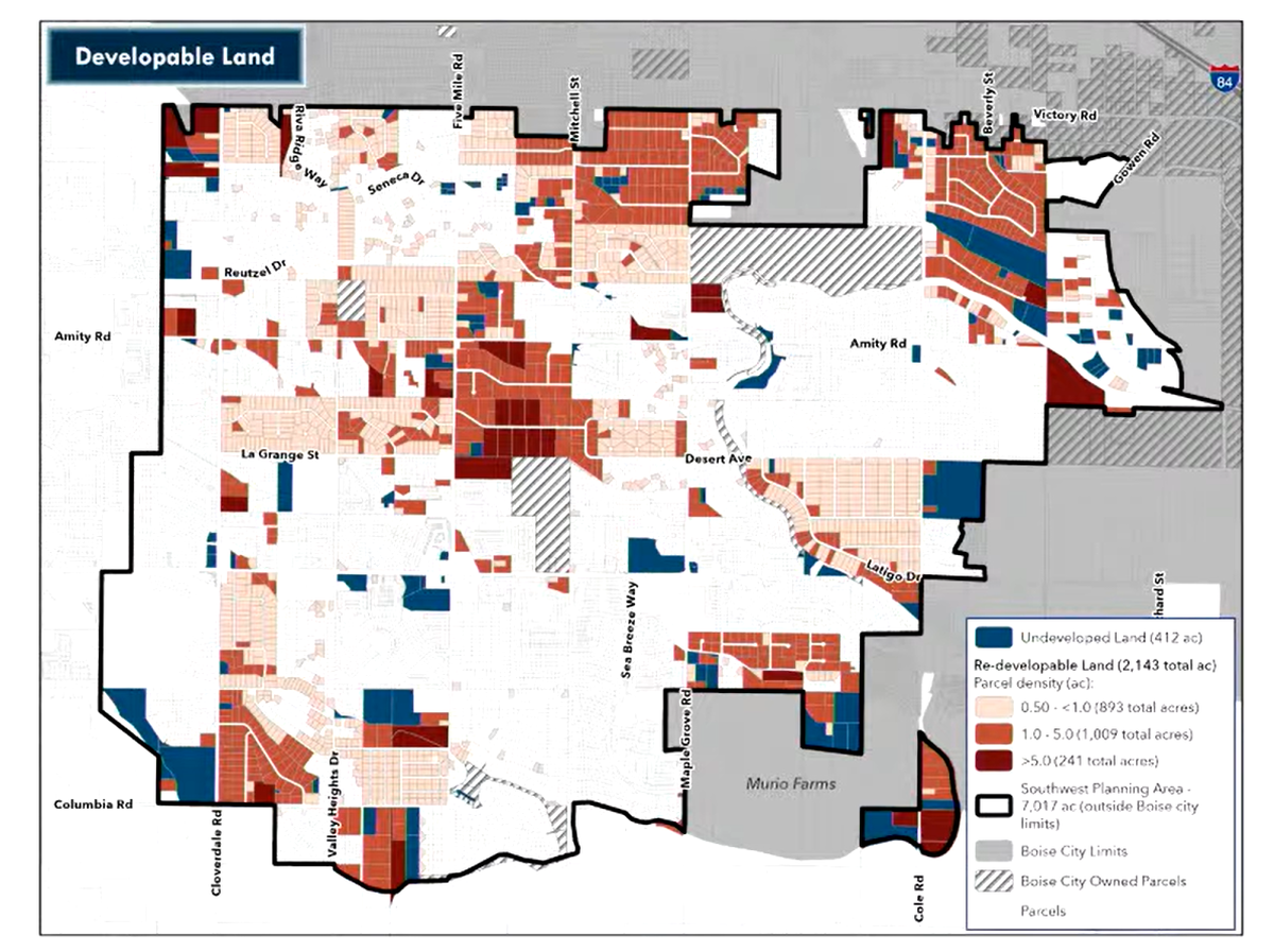 City sewer is once again available to residents living in Southwest Boise, specifically this chunk of land roughly bounded by Victory Road to the north, the New York Canal to the south, Cloverdale Road to the west and Cole Road to the east.&nbsp;Blue shading represents undeveloped land that could be built on. Red shading highlights land that could be redeveloped at higher densities in the future. Properties left white are developed and unlikely to change. 