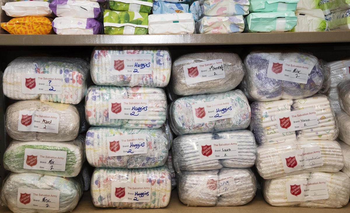Disposable diapers fill a large shelf in the Incentive Store for parenting teens who attend school at the new Salvation Army community center in Boise.