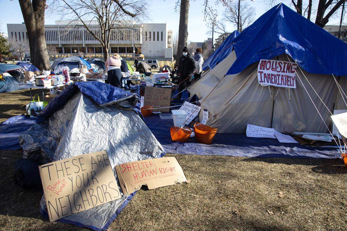 Demonstrators established a sprawling encampment near the Idaho Capitol in January 2022. Gov. Brad Little sued that March to have it removed on grounds that the “tent city” had developed into a public health hazard.
