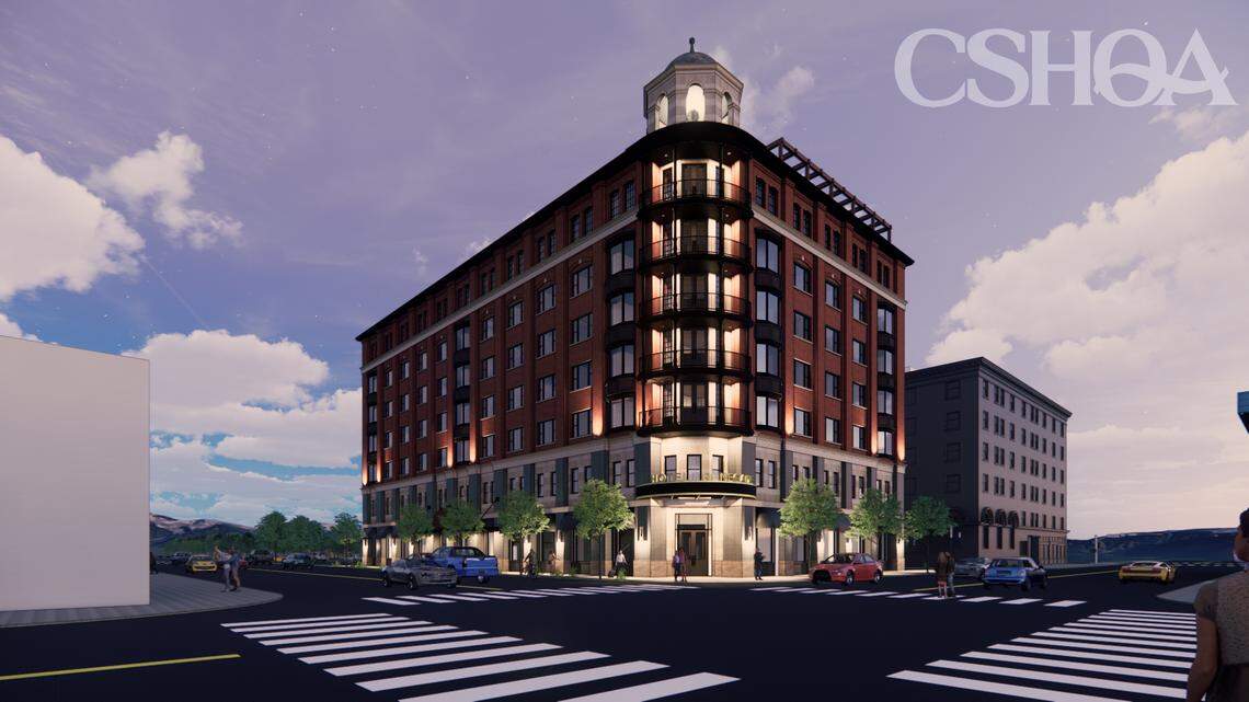 A rendering depicts how the Hotel Renegade would look at dusk from the corner of Grove and 11th streets.