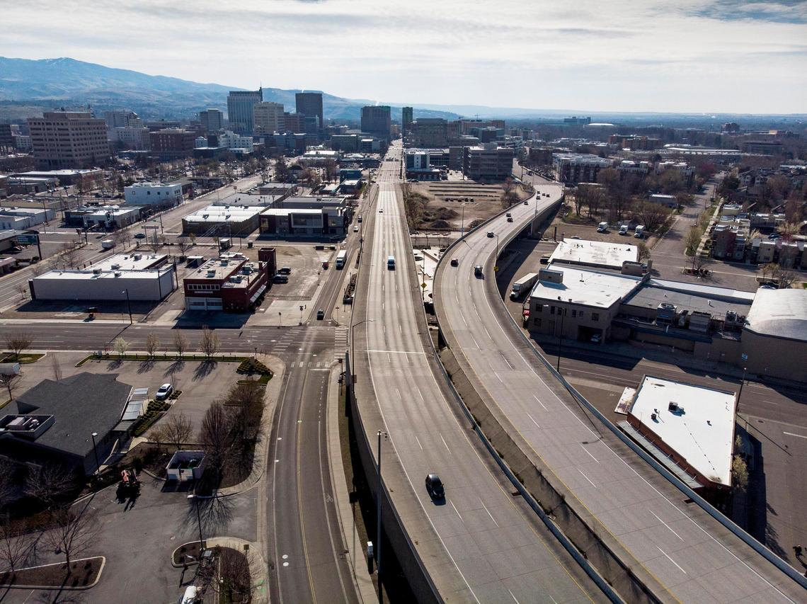 Traffic on the I-184 connector on a March afternoon, following Gov. Brad Little’s stay-at-home order, was reduced to a trickle.