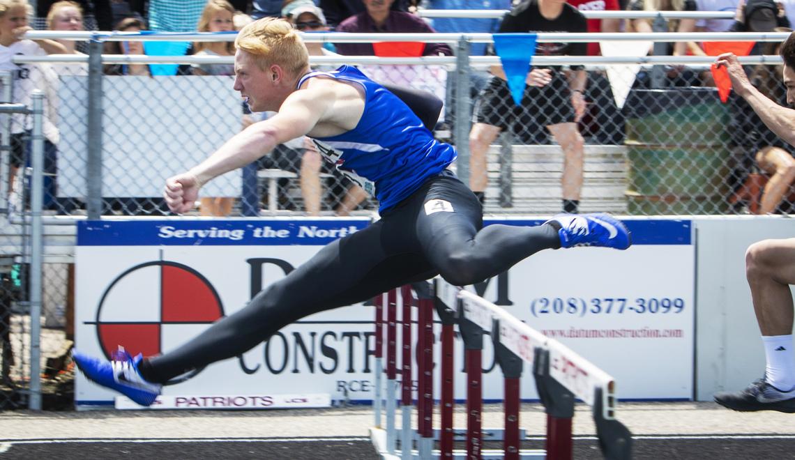 Emmett’s Landon Helms took first place in the 4A boys 110-meter hurdles at the state track and field championships at Eagle High on Saturday, May 18, 2019.