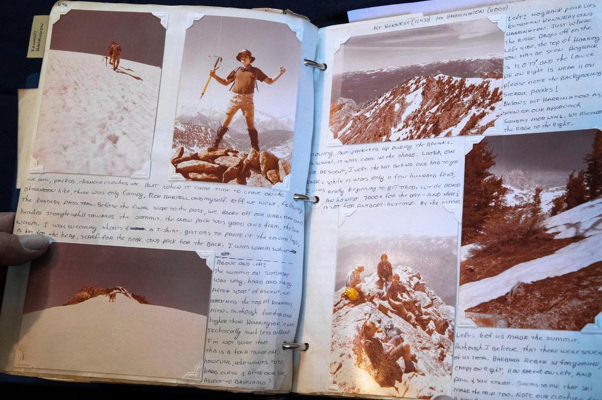 Notebook pages show John Fredland atop Mt. Kennedy in the Sierra-Nevada range in 1974, and climbing Mt. Harrington — one of his favorite peaks to climb. The photo colors are fading, but his journals keep a lifetime of adventures vivid in memory.