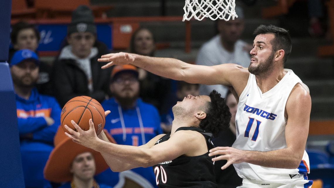 Boise State forward Zach Haney looms over San Diego State’s Jordan Schakel on Jan. 5, 2019, at Taco Bell Arena in Boise.