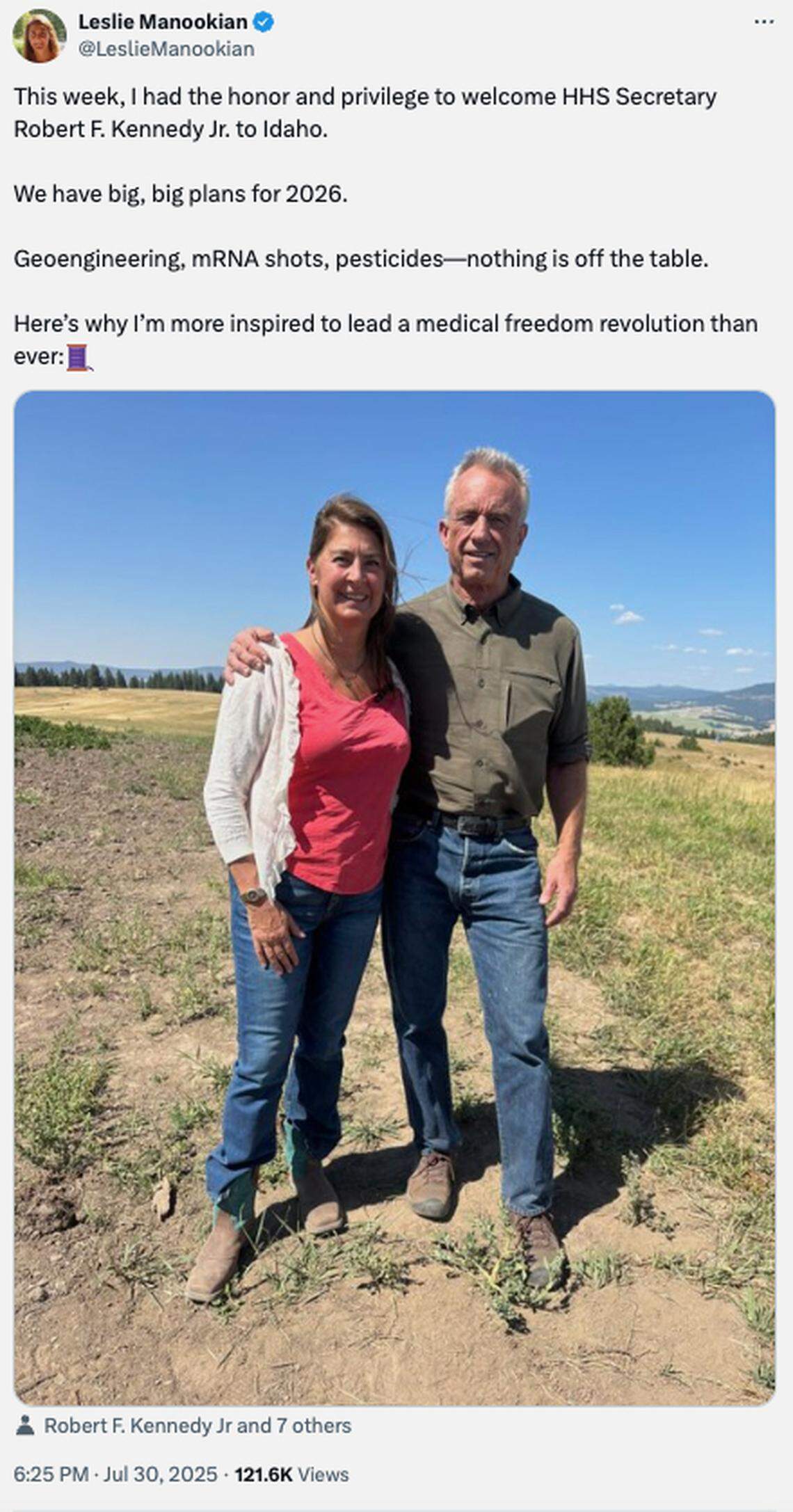 U.S. Health and Human Services Secretary Robert F. Kennedy Jr. visited an Idaho farm with Leslie Manookian and several of her allies in the “health freedom” movement this past summer.