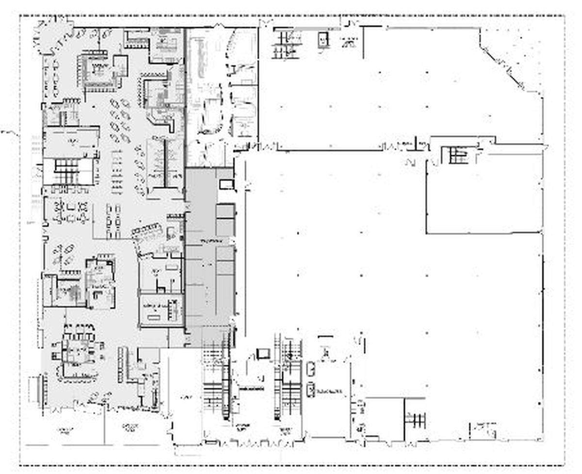 A drawing shows how the proposed BoDo food hall would look. South Eighth Street is located on the left, with Front Street at the top and Broad Street at the bottom. The STIL ice cream shop and Caffe D’arte, two existing shops that will remain, are at the bottom left and will open into the rest of the food hall. The area in white at right includes Office Depot and the entrance to the Edwards Boise Downtown theaters.