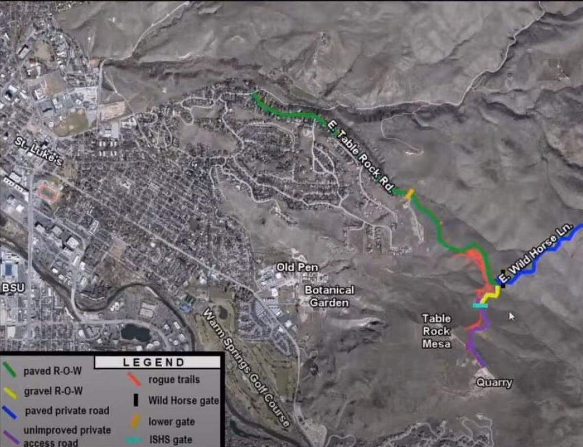 The new gate will go up just above where Alto Via Court joins Table Rock Road — the gold slash to the right of the words “E. Table Rock Rd.” on this map. R-O-W stands for right-of-way.