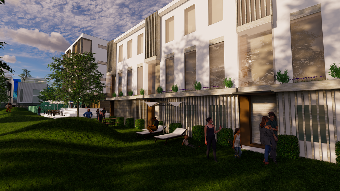 The project would include new townhomes, pictured, and apartments.