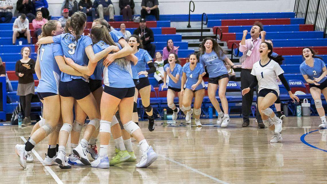 Skyview celebrates winning the 5A state volleyball championship after sweeping Madison on Saturday at Couer d’ Alene High School.