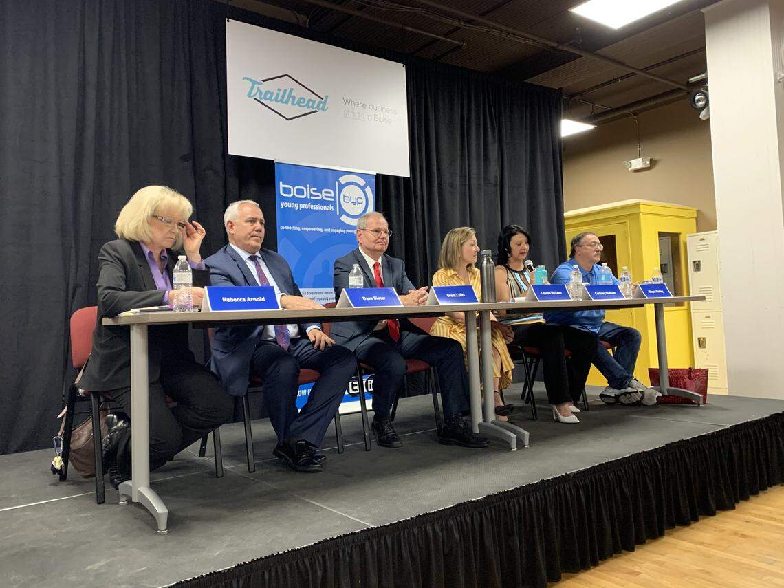 Six of the seven Boise mayoral candidates spoke on stage at Trailhead on Wednesday, Oct. 23. From left: ACHD commission President Rebecca Arnold, Mayor David Bieter, Brent Coles, City Council President Lauren McLean, Cortney Nielsen and Wayne Richey.
