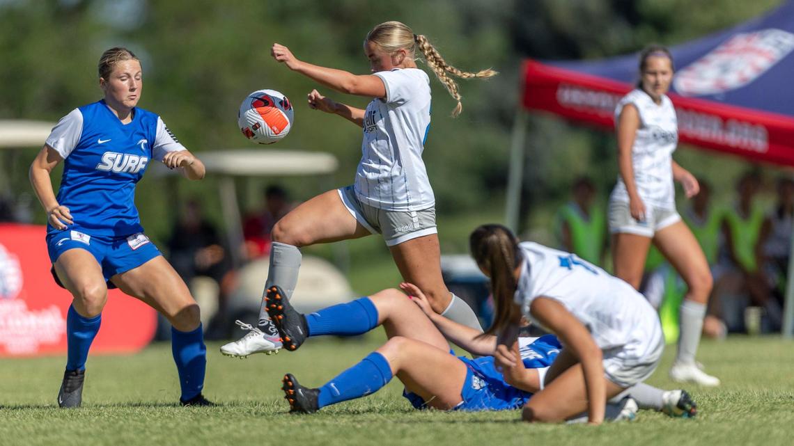 The Idaho Rush U-16 girls soccer team won its four-team group at the U.S. Youth Soccer National Championships in Orlando, Florida, advancing to the national semifinals for the second straight year. Above, Idaho’s Maggie Poole takes control of the ball during the Far West Regional championship game last month at Simplot Sports Complex in Boise.