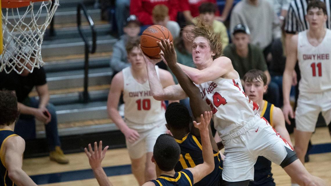 Owyhee senior Jack Payne sinks an off-balanced shot while leading the Storm to a 57-54 win over Meridian in the 5A District Three semifinals on Monday at Meridian High. The win clinched Owyhee a state tournament berth.