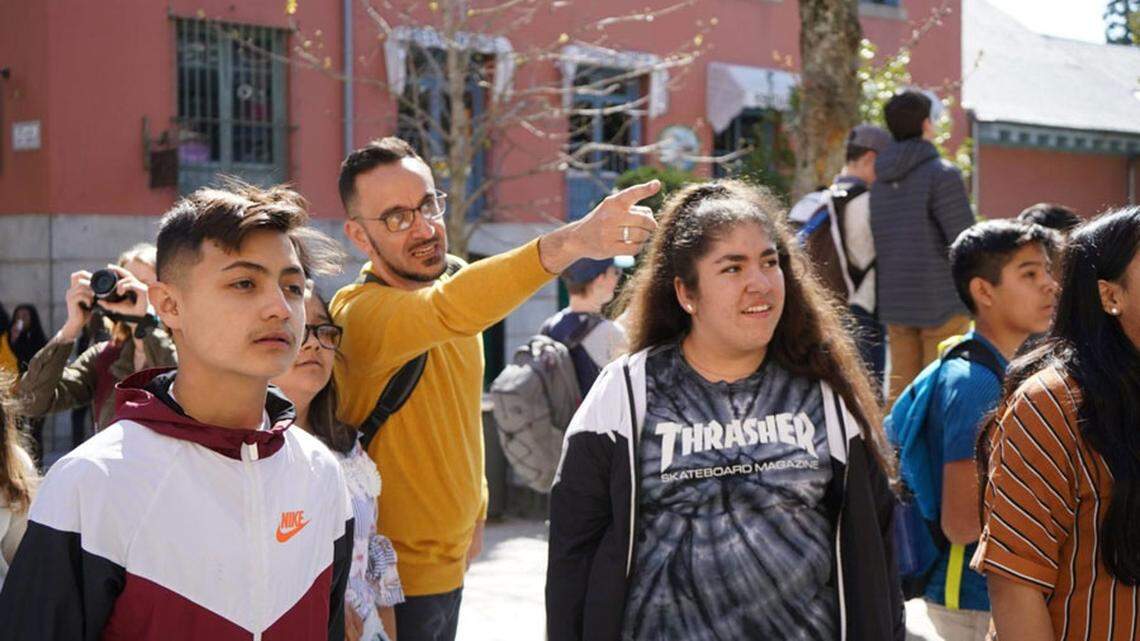 Jorge Pulleiro (in yellow) works with a group of middle school students in Spain. Pulleiro started an exchange program where students from the Wood River Valley trade places with Spanish teens during spring break.