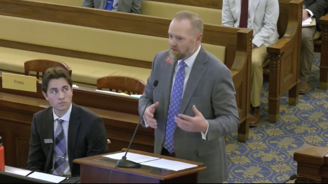 Idaho Department of Correction Director Josh Tewalt, right, presented before the Idaho Legislature’s Joint Finance-Appropriations Committee on Feb. 4. He is flanked by budget analyst Noah Peterson of the Legislative Services Office.