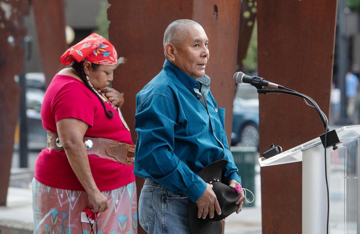 Brian Thomas, chairman of the Shoshone-Paiute Tribes, asks the audience to join together in asking for a blessing for all people during the opening ceremony for the 10th Annual Return of the Boise Valley People on Thursday, Aug. 26, 2021. This gathering of Native American tribal members from Idaho, Oregon and Nevada will have events this weekend at Eagle Rock Park and Gowen Field.