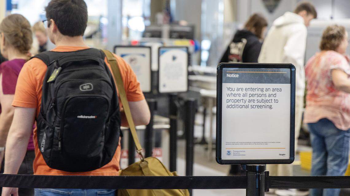 People go through TSA screening at the Boise Airport, Dec. 16, 2025.