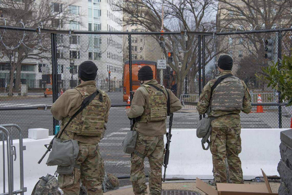 U.S. Army soldiers assigned to the Idaho National Guard’s 2nd Squadron, 116th Cavalry Regiment, 116th Cavalry Brigade Combat Team, stand guard near the Capitol on Jan. 19, 2021, in Washington, D.C., to protect the presidential inauguration from possible violence.
