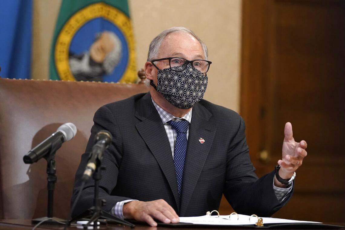 Washington Gov. Jay Inslee recently urged Idaho leaders to “show some leadership” by getting tougher on the coronavirus’s spread. Inslee speaks at a Nov. 30 news conference in Olympia.