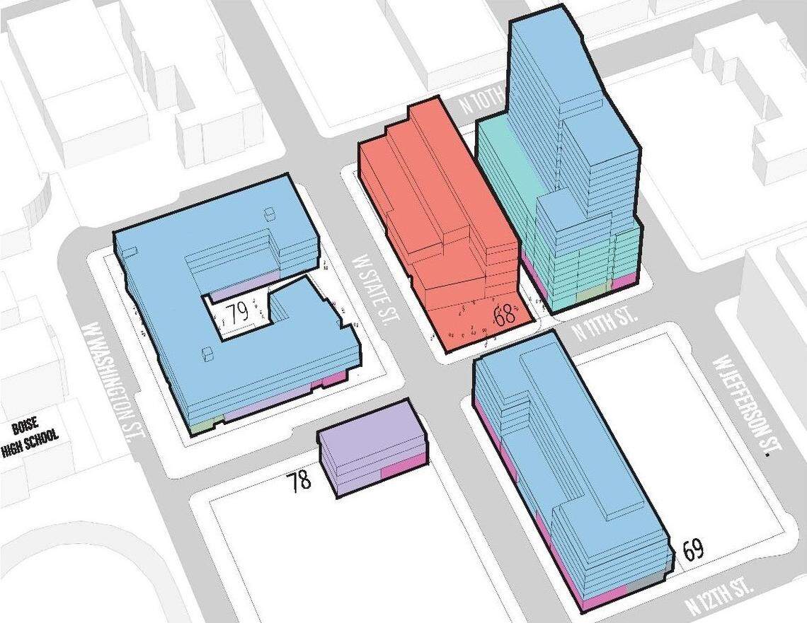 The Downtown Boise YMCA would be relocated from Block 79, at upper left, to a new building in a portion of Block 68, at upper middle. The overall development would include apartments and commercial space on the rest of Block 68, upper right, the northern portion of Block 69, lower right, and all of Block 79 once the new YMCA is complete. Office space would be built on a portion of Block 78, lower left.