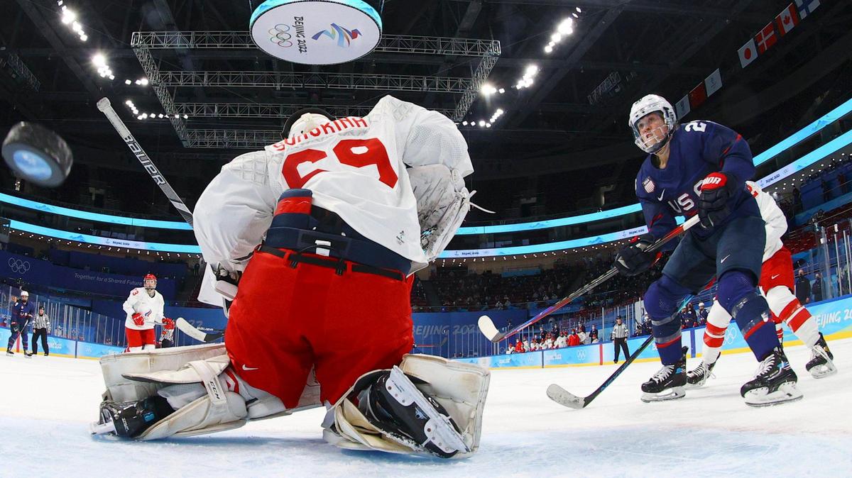 U.S. forward Hilary Knight deflects a shot past Russian Olympic Committee goalkeeper Maria Sorokina to give Team USA a 2-0 lead in the second period.
