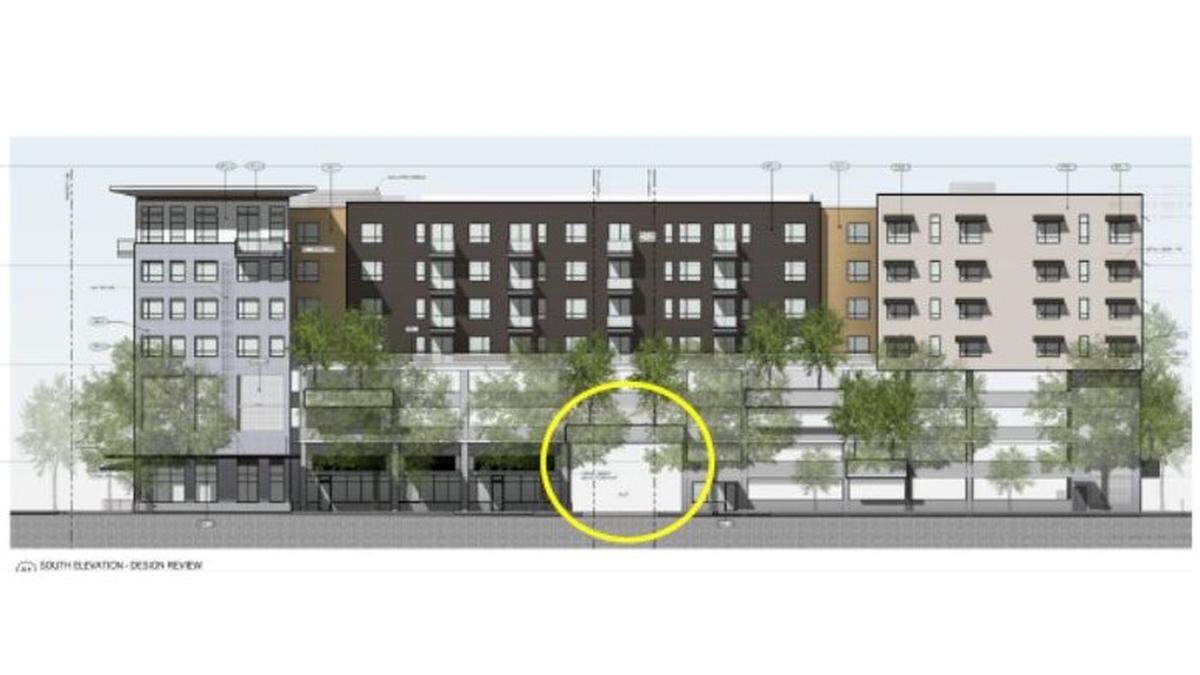Boise Caddis LLC plans to build an eight-story mixed use building with ground-floor commercial,  parking, and 174 apartments on the  north side of Myrtle Street between 2nd and 3rd streets. The yellow circle marks a north-south alley..
