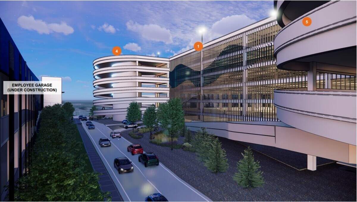 This rendering shows the planned “ready/return” building (marked No. 1), new ramps (4 and 5), and a separate garage for airport employees (left) that is already under construction.