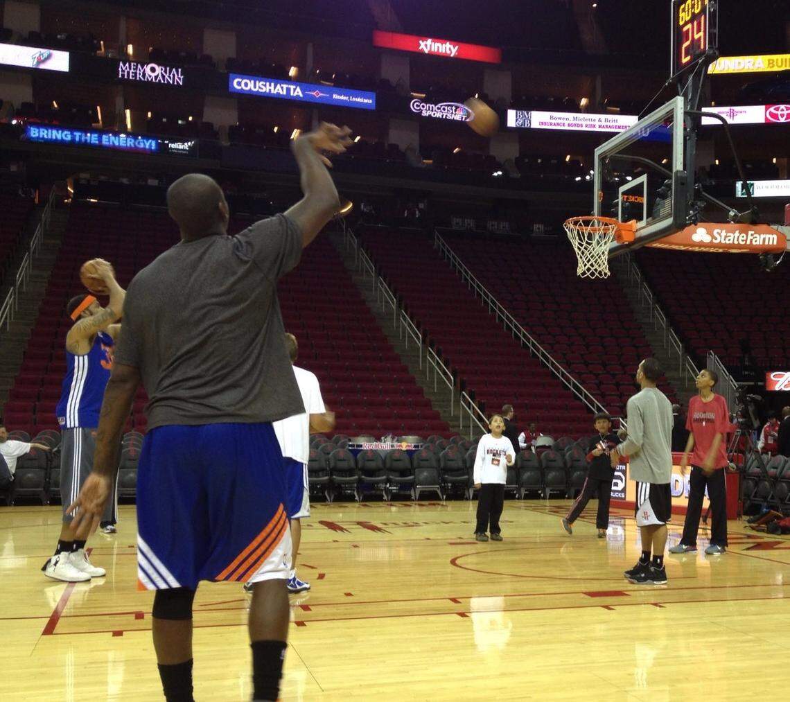 Before he was a Boise State basketball player, Derrick Alston Jr., far right, was a ball boy for the Houston Rockets. He’s pictured shagging balls for Rasheed Wallace, far left shooting free throws.